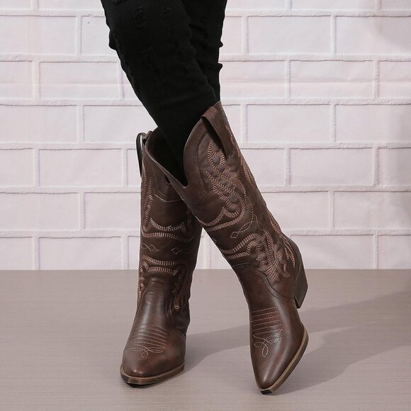 ⚡Women Dark Brown Synthetic Cowgirl Mid Calf Pointed Toe Chunky Block Heel Boots - Picture 4 of 5